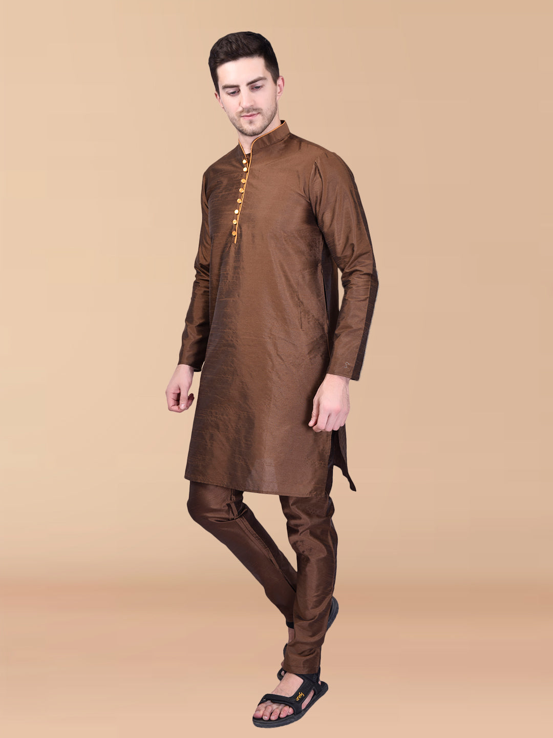 PRINTCULTR Brown Solid Pure Silk Kurta Pant Set