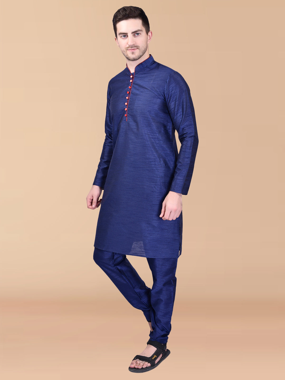 PRINTCULTR Navy Blue Solid Pure Silk Kurta Pant Set