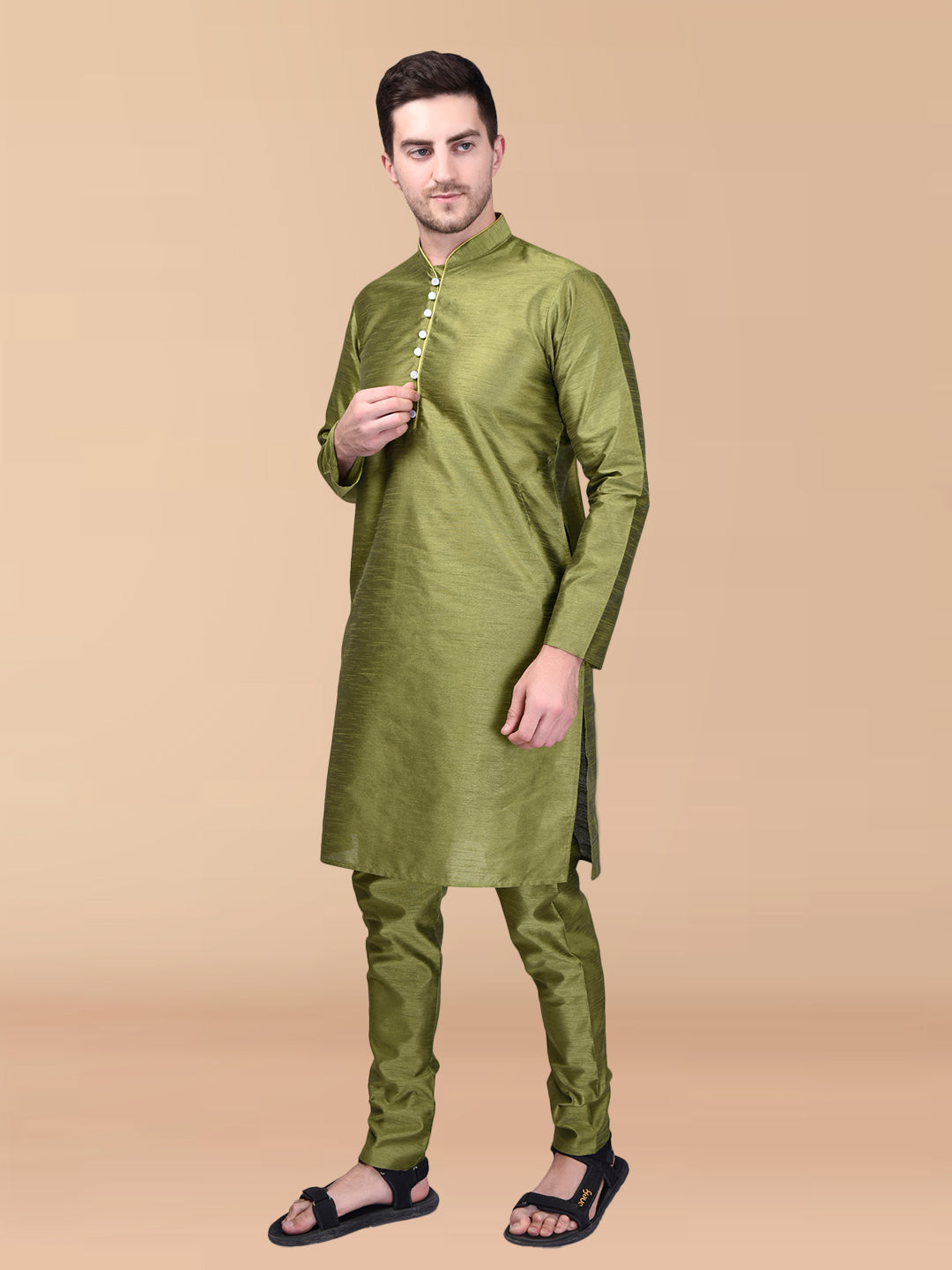 PRINTCULTR Green Solid Pure Silk Kurta Pant Set