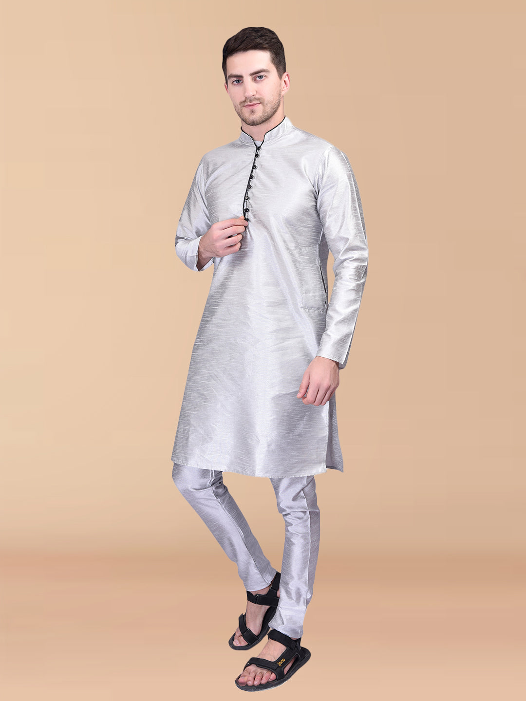 PRINTCULTR Silver Solid Pure Silk Kurta Pant Set