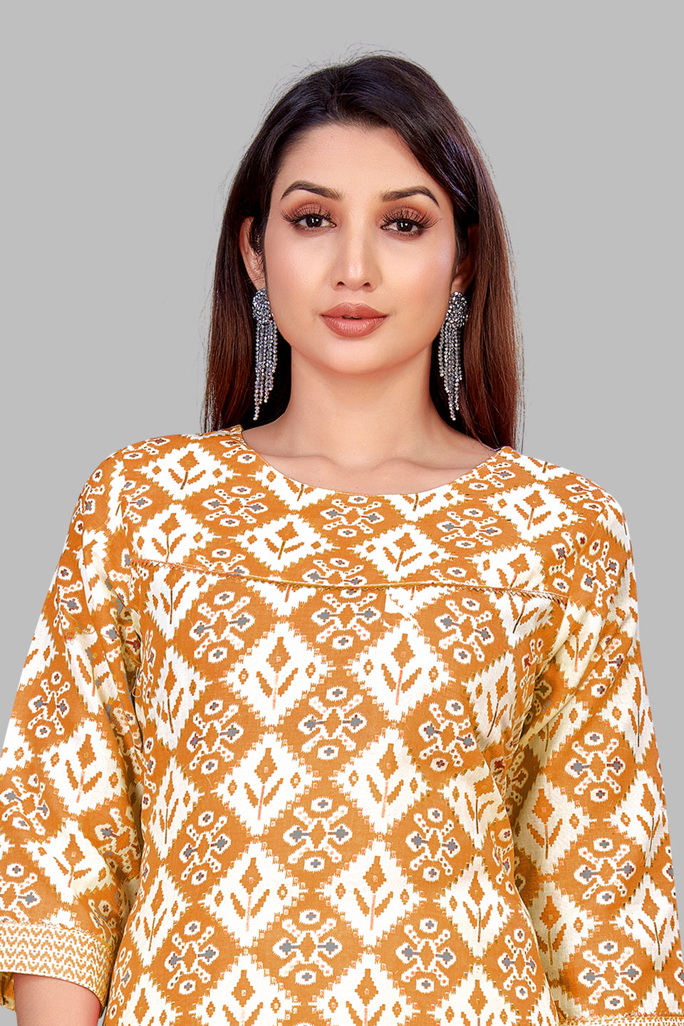 SUNDARNAARI Yellow Printed Cotton Blend Kurta Pyjama Set for Women - Elegant & Comfortable Traditional Wear