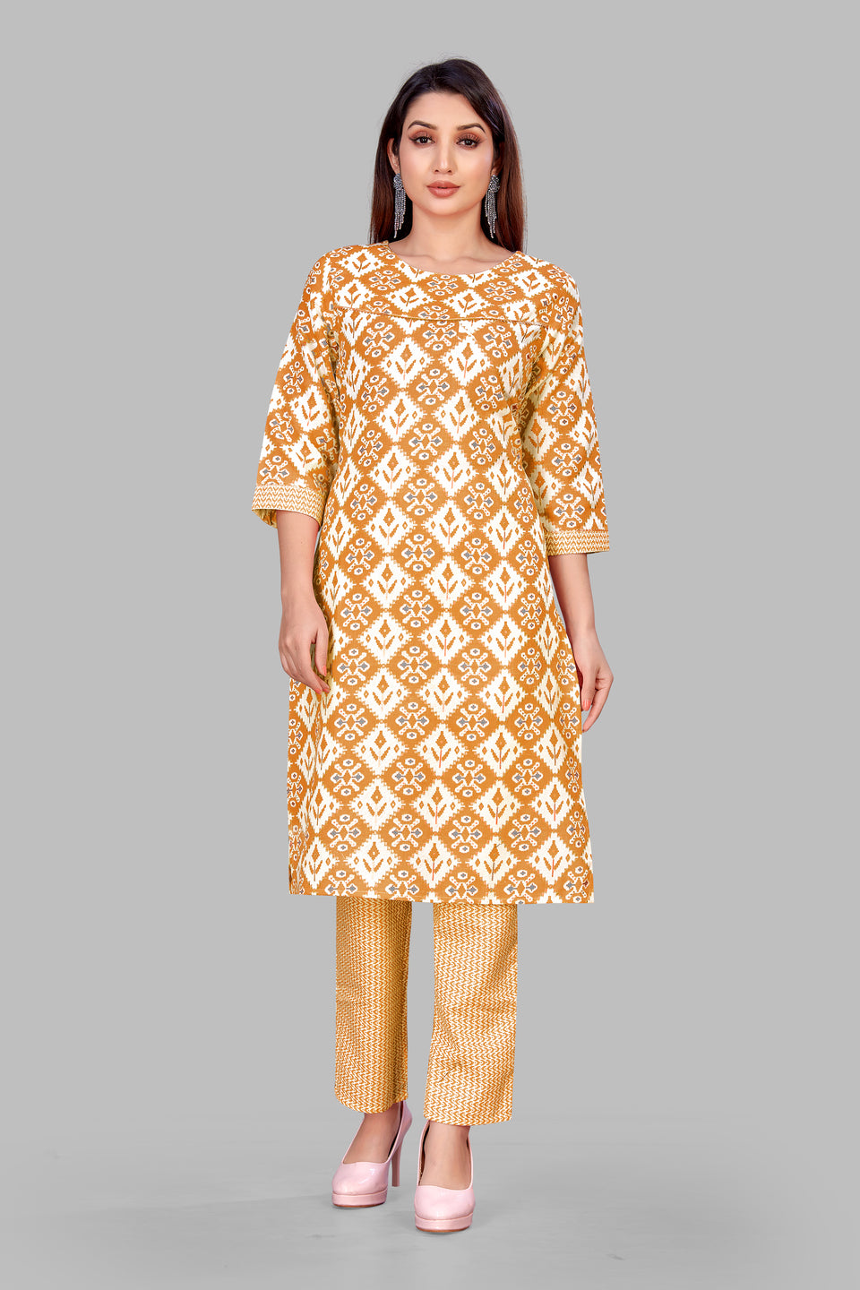 SUNDARNAARI Yellow Printed Cotton Blend Kurta Pyjama Set for Women - Elegant & Comfortable Traditional Wear