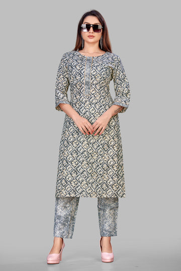 SUNDARNAARI Grey Printed Cotton Blend Kurta Pyjama Set for Women - Stylish Traditional Wear for All Occasions