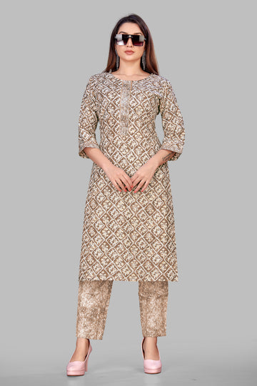 SUNDARNAARI Brown Printed Cotton Blend Kurta Pyjama Set for Women - Elegant Traditional Wear for Festivals & Occasions