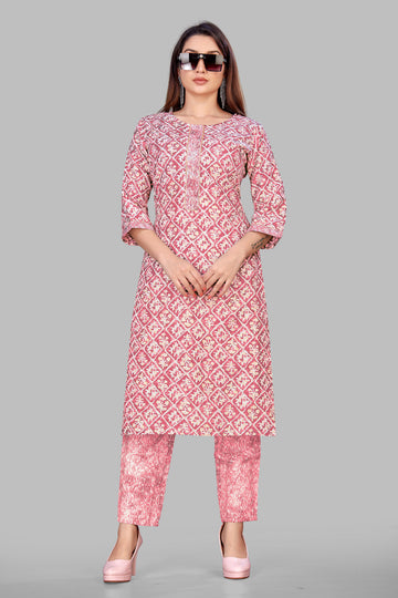 SUNDARNAARI Maroon Printed Cotton Blend Kurta Pyjama Set for Women - Elegant Traditional Wear for Every Occasion