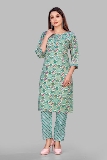 SUNDARNAARI Green Printed Cotton Blend Kurta Pyjama Set for Women - Comfortable & Stylish Traditional Wear