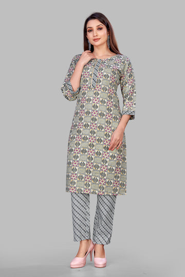 SUNDARNAARI Gray Printed Cotton Blend Kurta Pyjama Set for Women - Comfortable & Elegant Traditional Wear