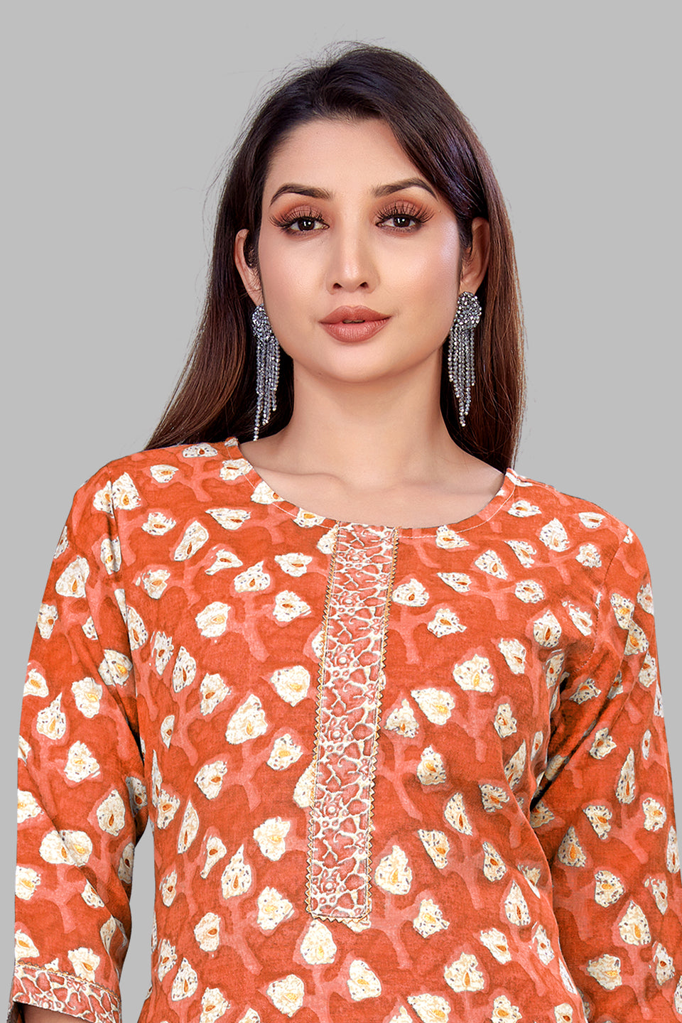 SUNDARNAARI Orange Printed Cotton Blend Kurta Pyjama Set for Women | Stylish & Comfortable | Perfect for Festivals & Special Occasions