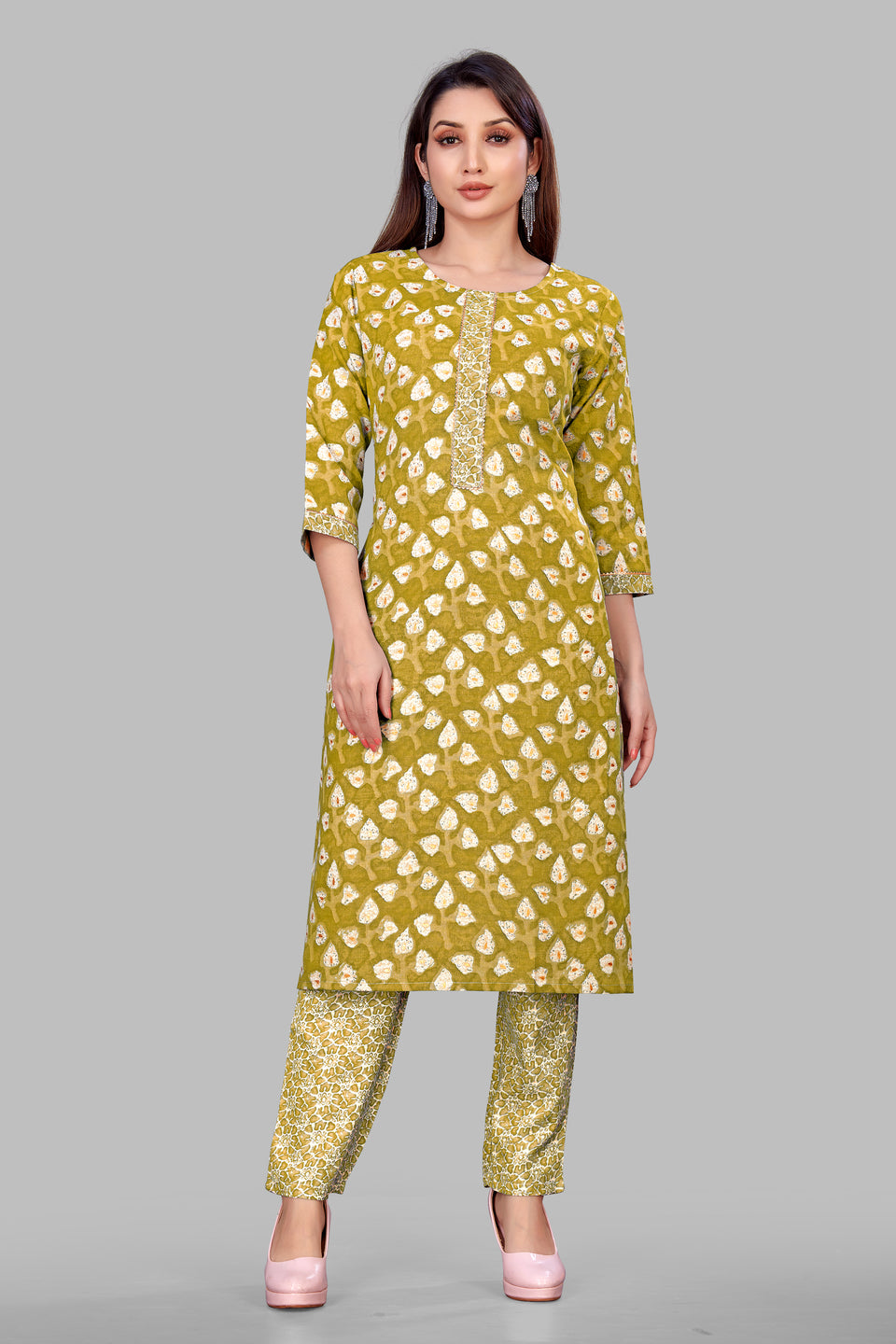 SUNDARNAARI Yellow Printed Cotton Blend Kurta Pyjama Set for Women - Stylish and Comfortable Traditional Wear