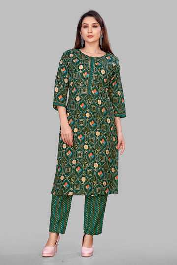 SUNDARNAARI Green Printed Cotton Blend Kurta Pyjama Set for Women | Stylish, Comfortable & Traditional Wear | Ideal for Festive Occasions