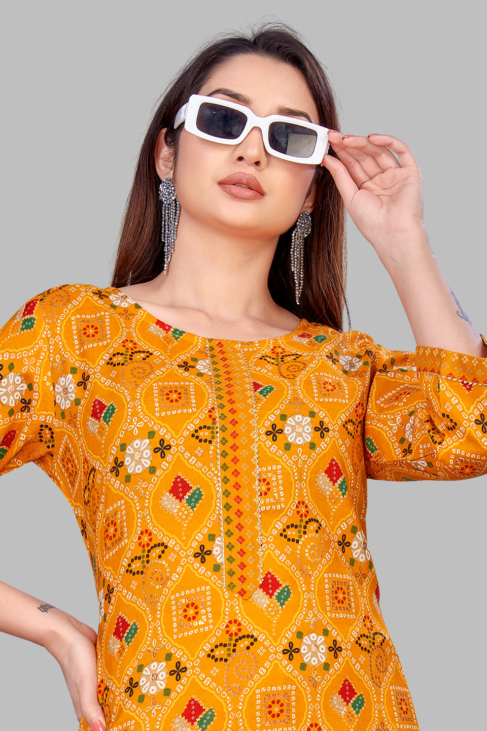 SUNDARNAARI Yellow Kurta Set for Women | Printed Cotton Blend | Comfortable & Stylish | Perfect for Casual & Festive Occasions