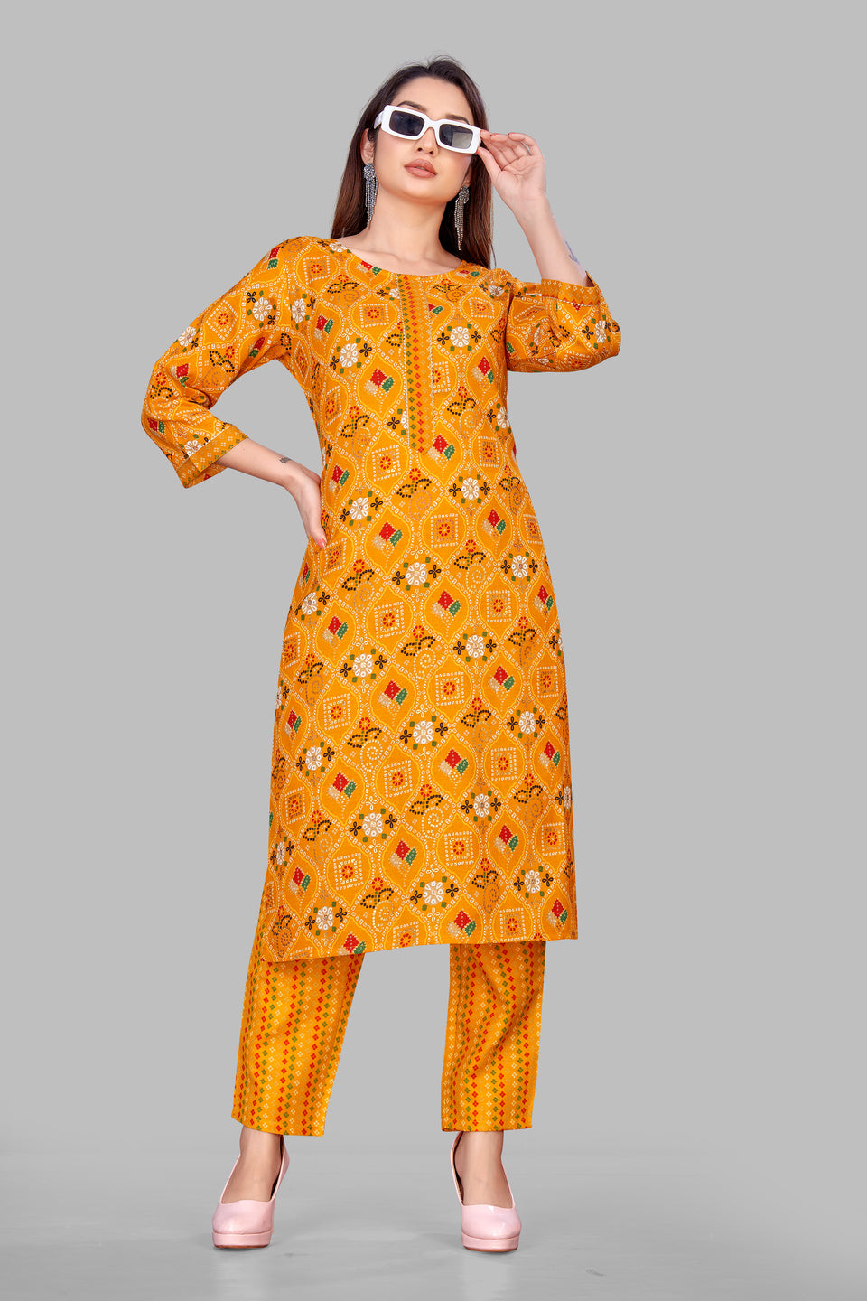 SUNDARNAARI Yellow Kurta Set for Women | Printed Cotton Blend | Comfortable & Stylish | Perfect for Casual & Festive Occasions