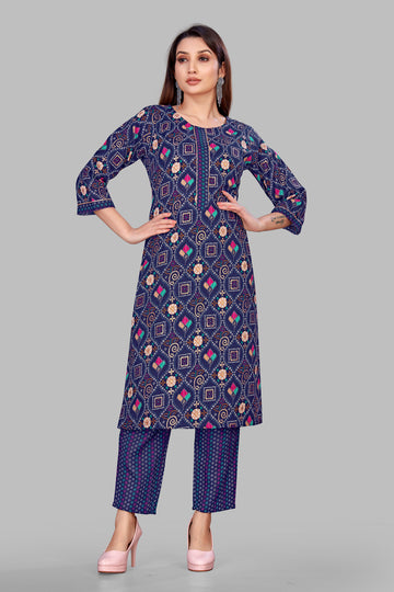 SUNDARNAARI Blue Kurta Set | Printed Cotton Blend | Comfortable & Stylish | Perfect for Casual & Festive Occasions