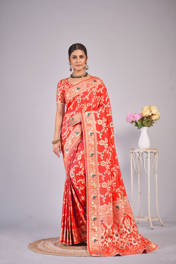 Red Gold  Silk Cotton Saree - Woven Design | SANGINI