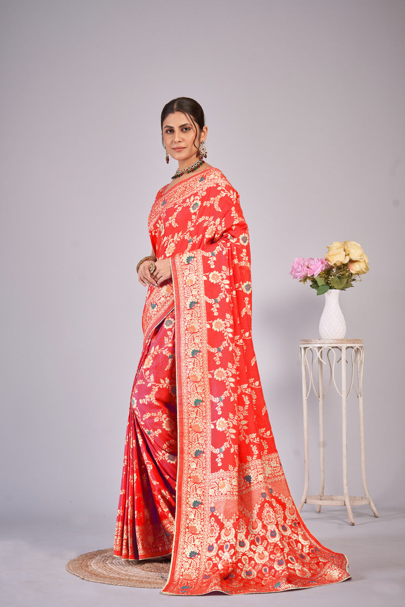 Red Gold  Silk Cotton Saree - Woven Design | SANGINI