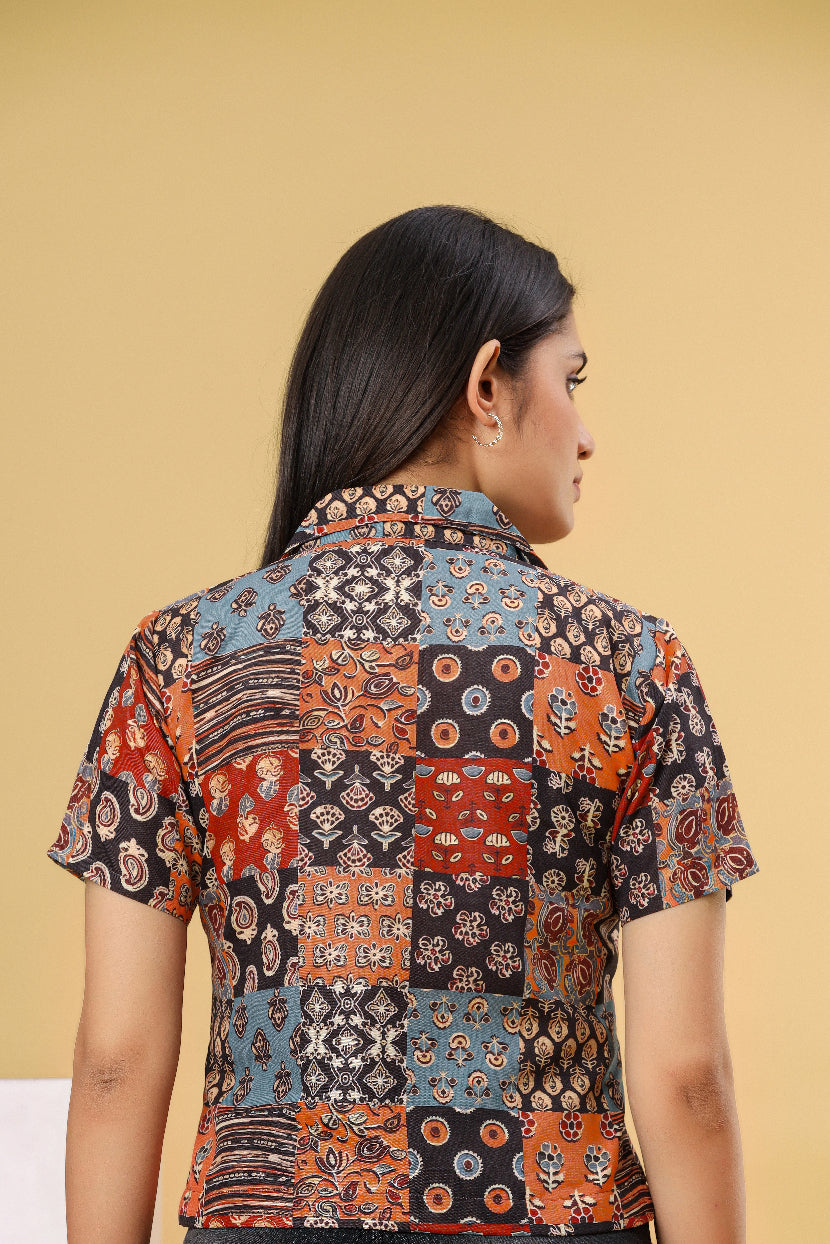 Women Printed Cotton Blend Casual Shirt with Collar Neck & Short Sleeves