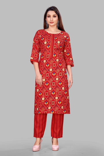 SUNDARNAARI Red Kurta Set for Women | Printed Cotton | Stylish & Comfortable | Ideal for Casual & Festive Occasions