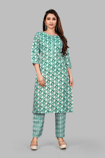 SUNDARNAARI Green Printed Cotton Blend Kurta Pyjama Set for Women – Comfortable & Stylish Traditional Wear for Festive & Casual Occasions