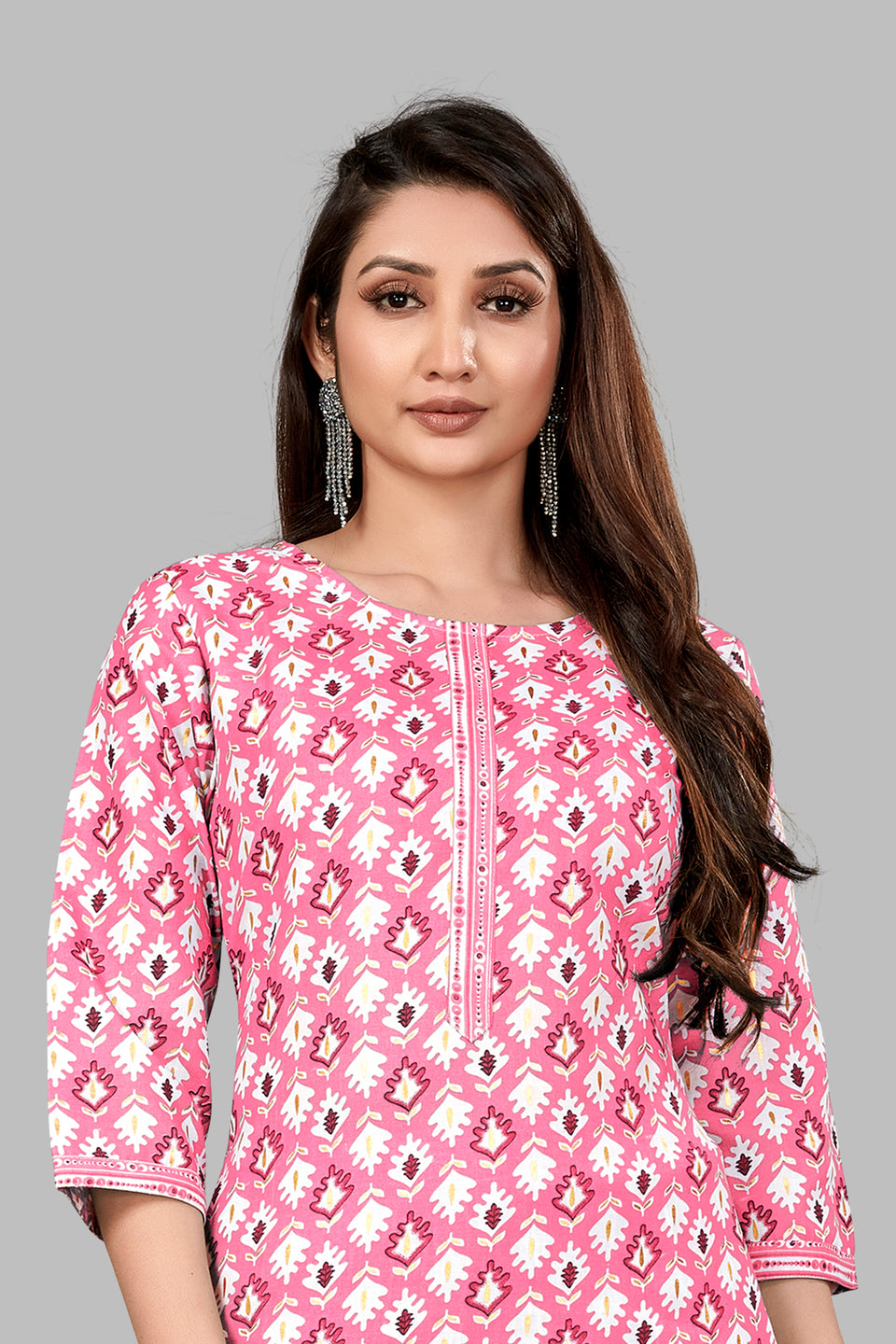 SUNDARNAARI Grey Printed Cotton Blend Kurta Pyjama Set for Women - Stylish & Comfortable Traditional Wear