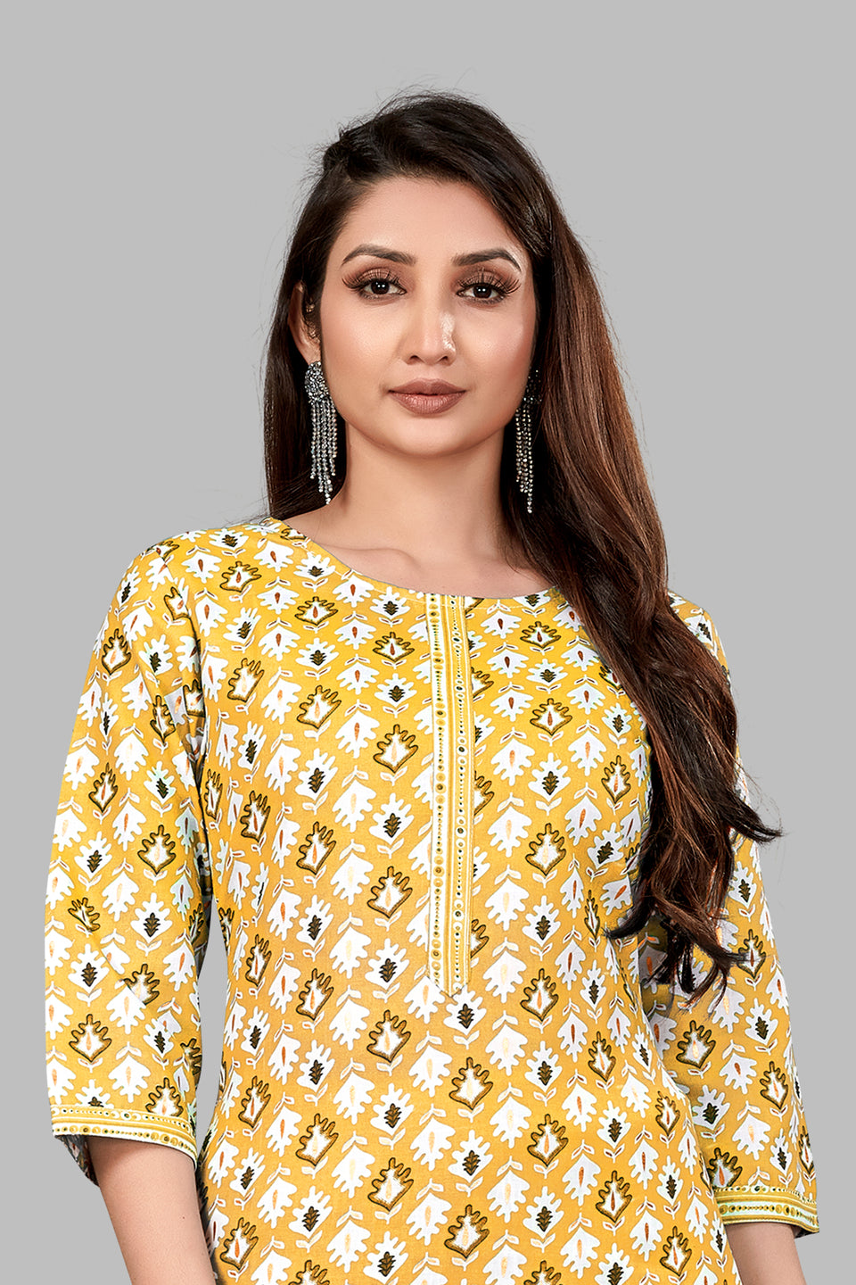 SUNDARNAARI Yellow Printed Cotton Blend Kurta Pyjama Set for Women – Stylish & Comfortable Traditional Wear for Casual & Festive Occasions