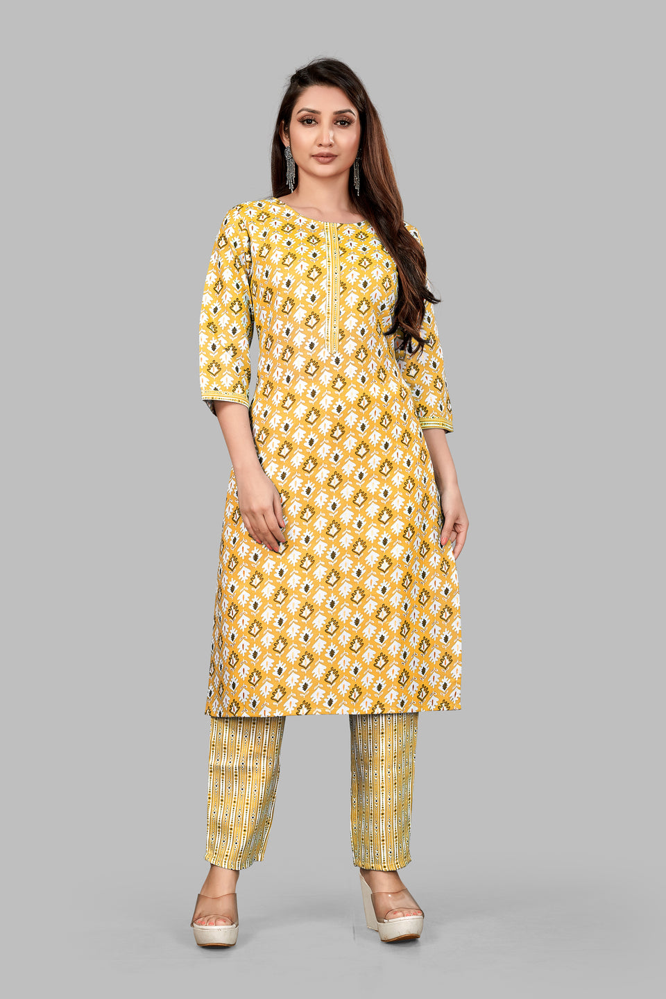 SUNDARNAARI Yellow Printed Cotton Blend Kurta Pyjama Set for Women – Stylish & Comfortable Traditional Wear for Casual & Festive Occasions