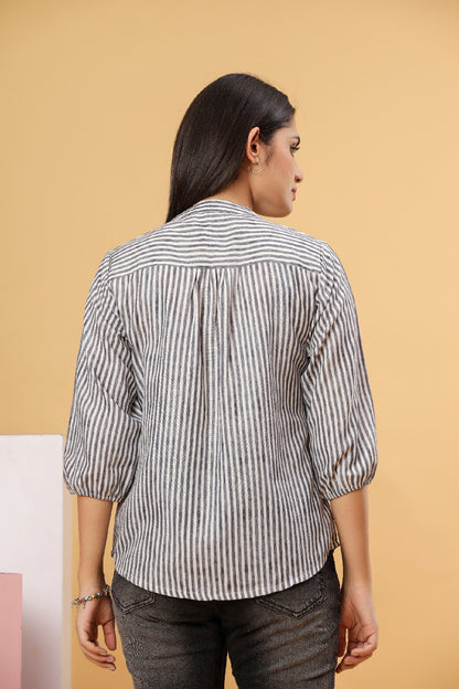 Women Printed Cotton Blend Top with Chinese Collar & 3/4 Sleeves