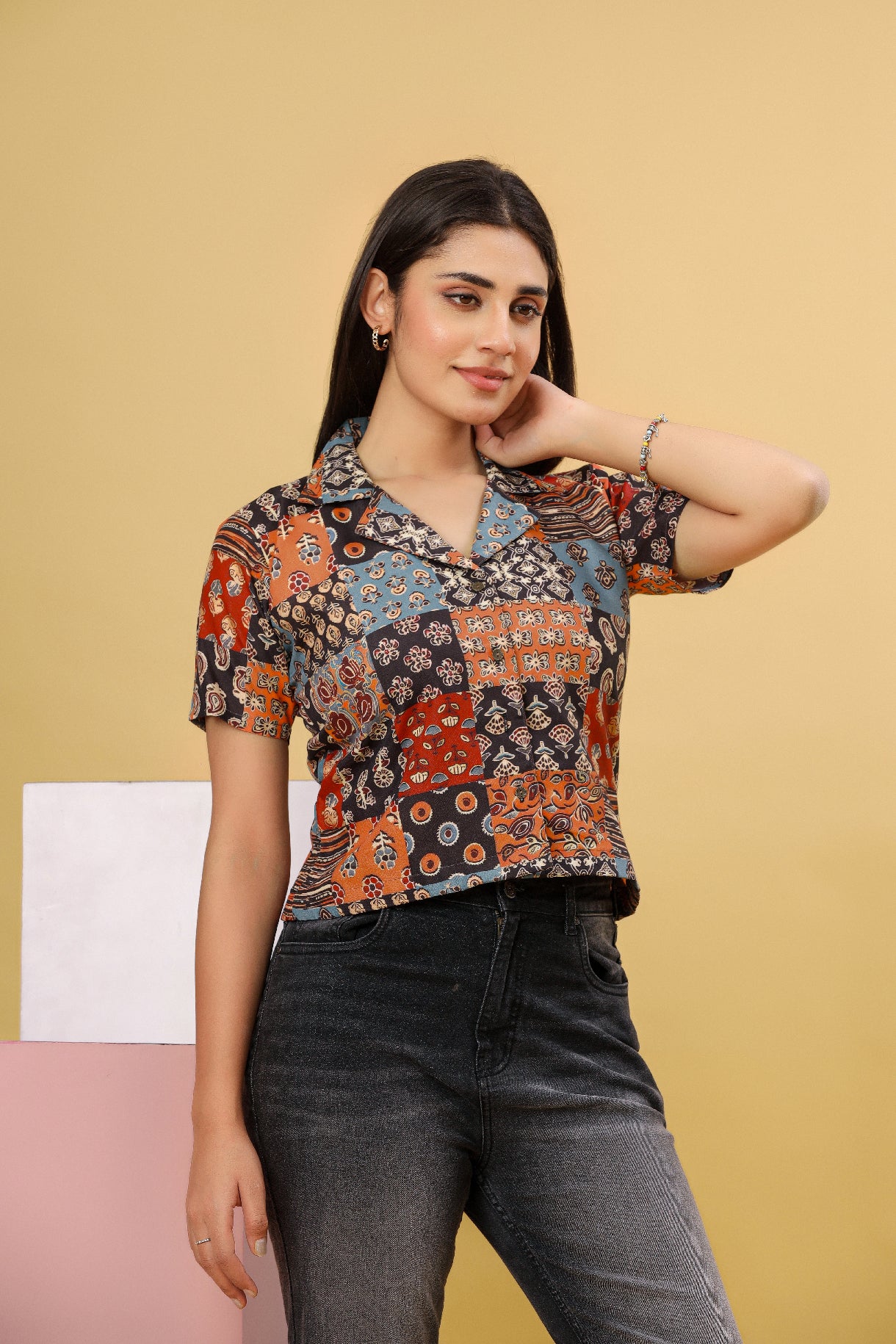 Women Printed Cotton Blend Casual Shirt with Collar Neck & Short Sleeves