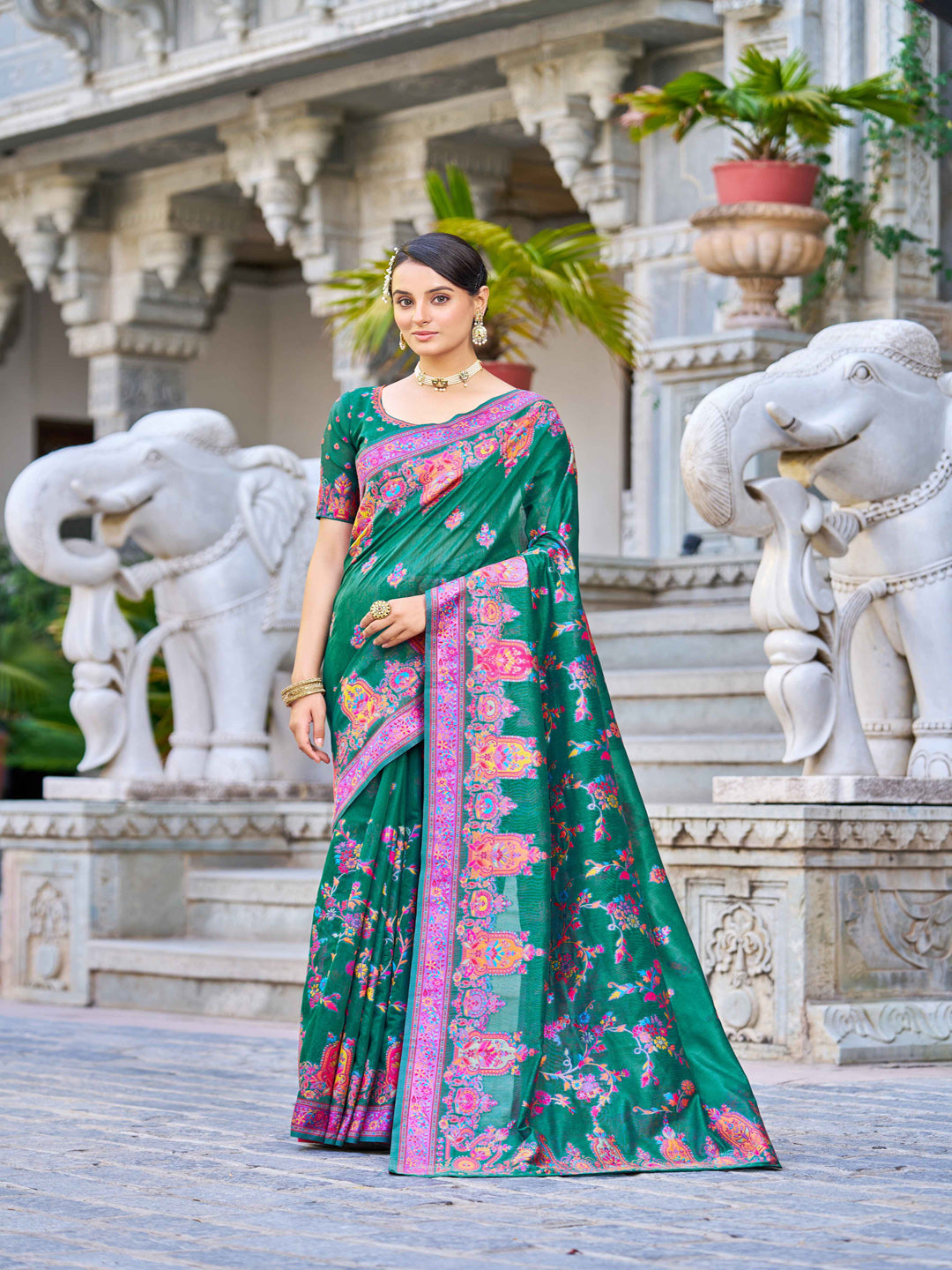 Swornof Womens Cotton Pashamina Saree - Green