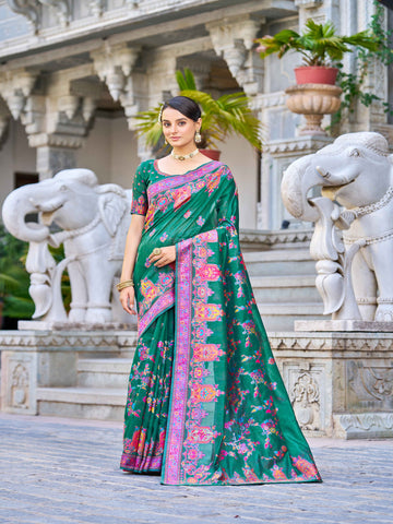 Swornof Womens Cotton Pashamina Saree - Green