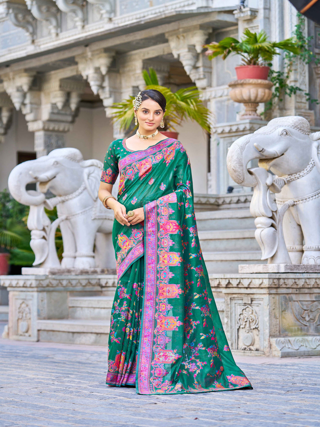 Swornof Womens Cotton Pashamina Saree - Green