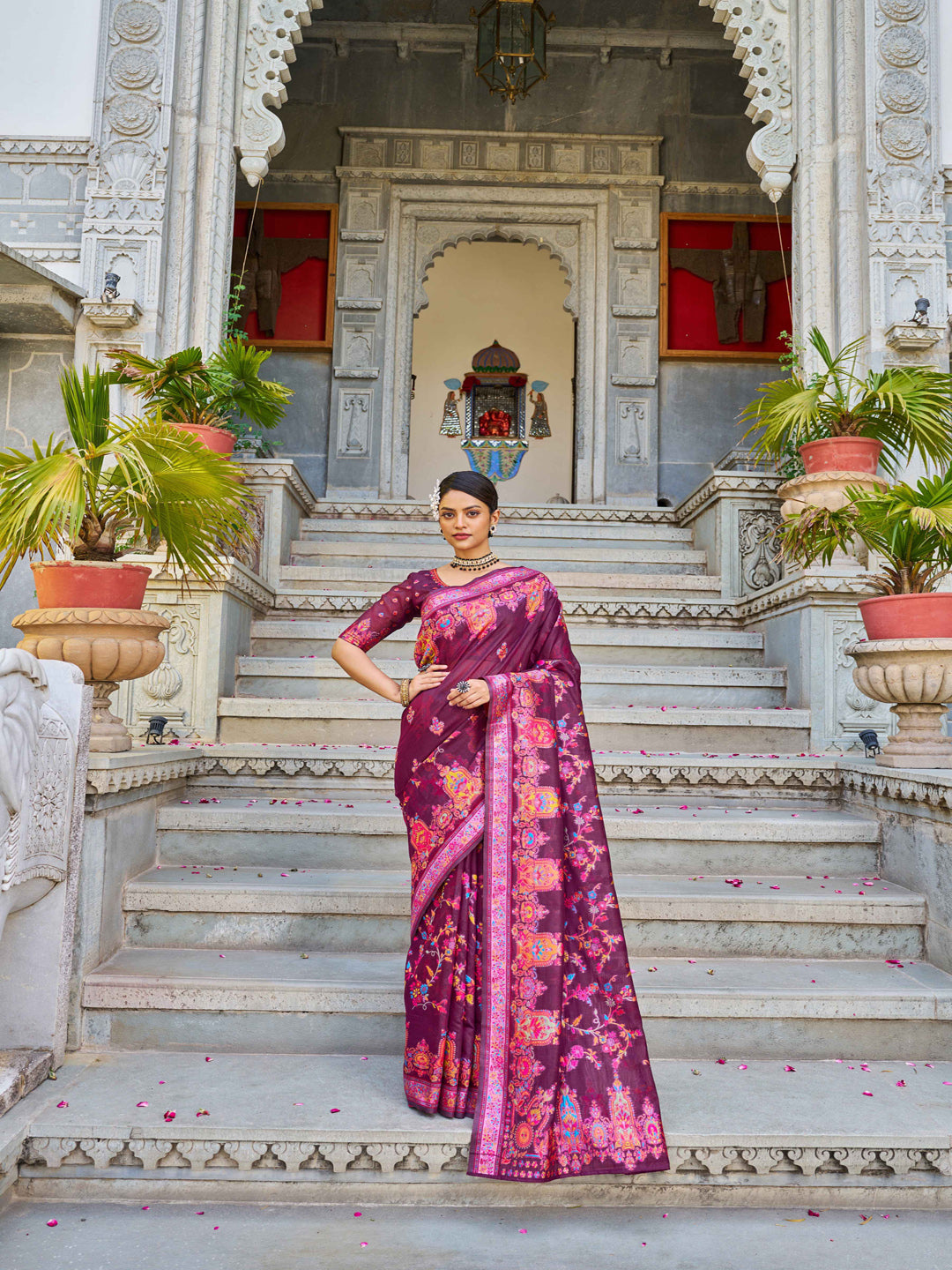 Swornof Womens Cotton Pashamina Saree - Purple