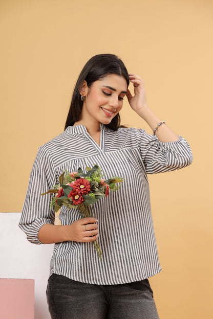 Women Printed Cotton Blend Top with Chinese Collar & 3/4 Sleeves