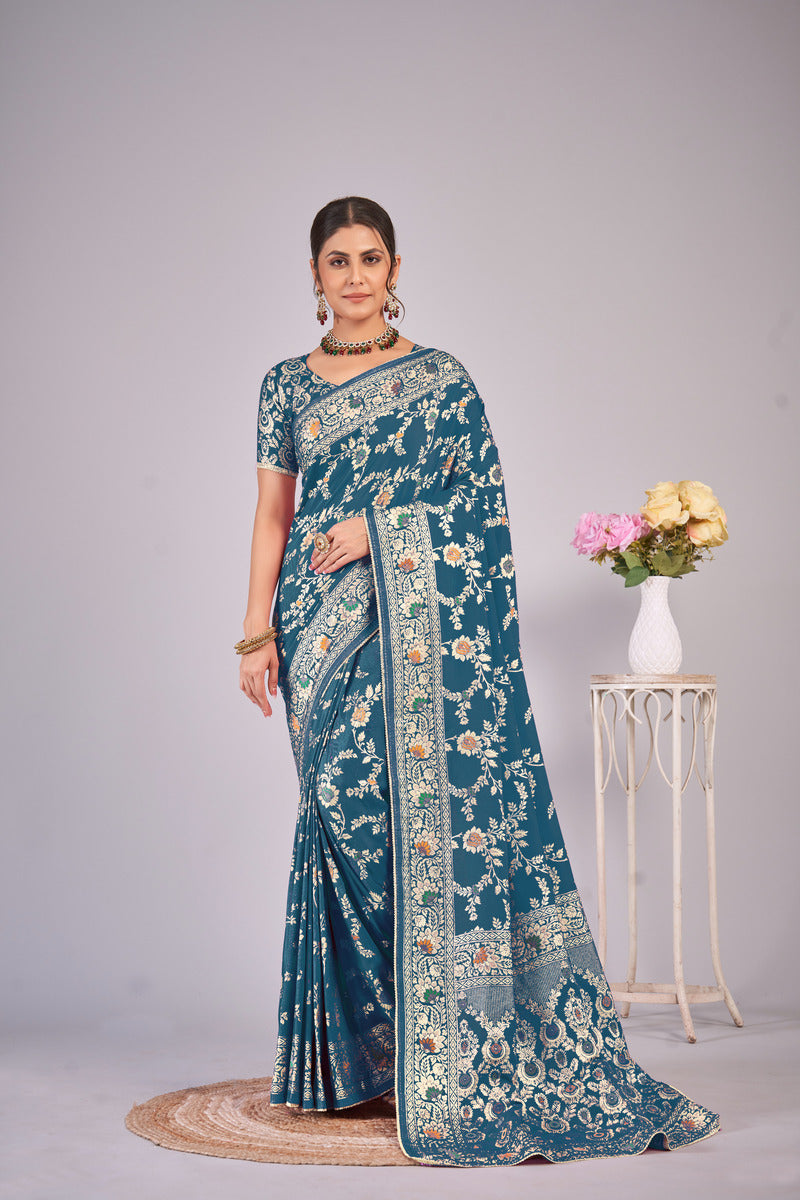 Blue Gold  Silk Cotton Saree - Woven Design | SANGINI