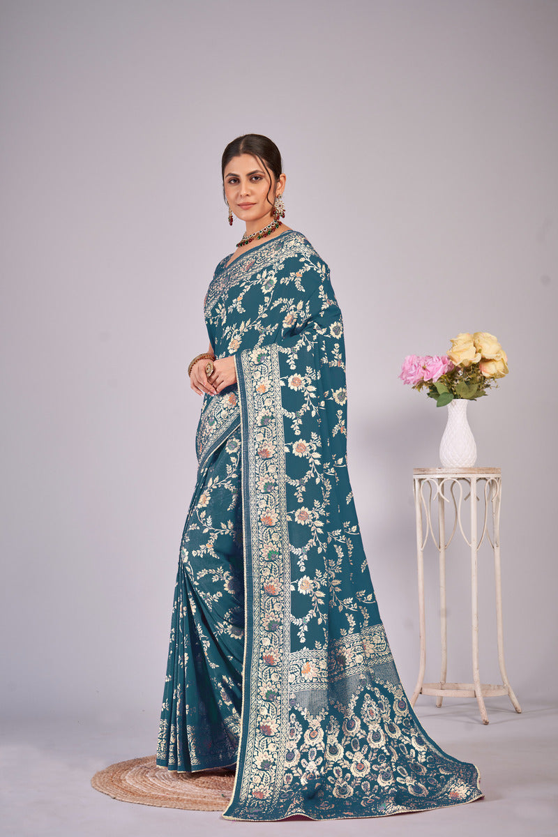 Blue Gold  Silk Cotton Saree - Woven Design | SANGINI