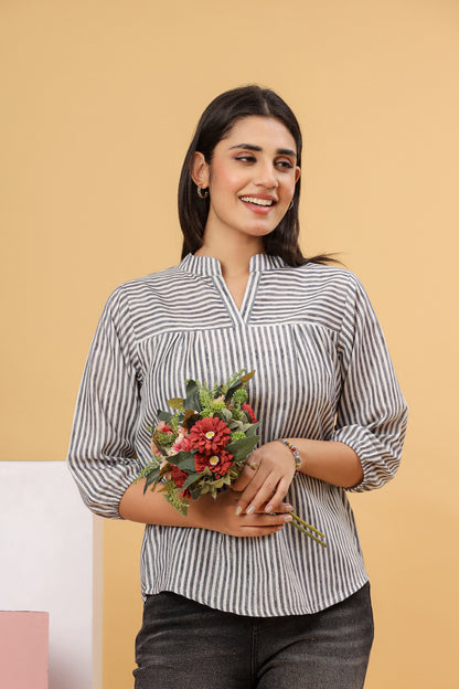 Women Printed Cotton Blend Top with Chinese Collar & 3/4 Sleeves