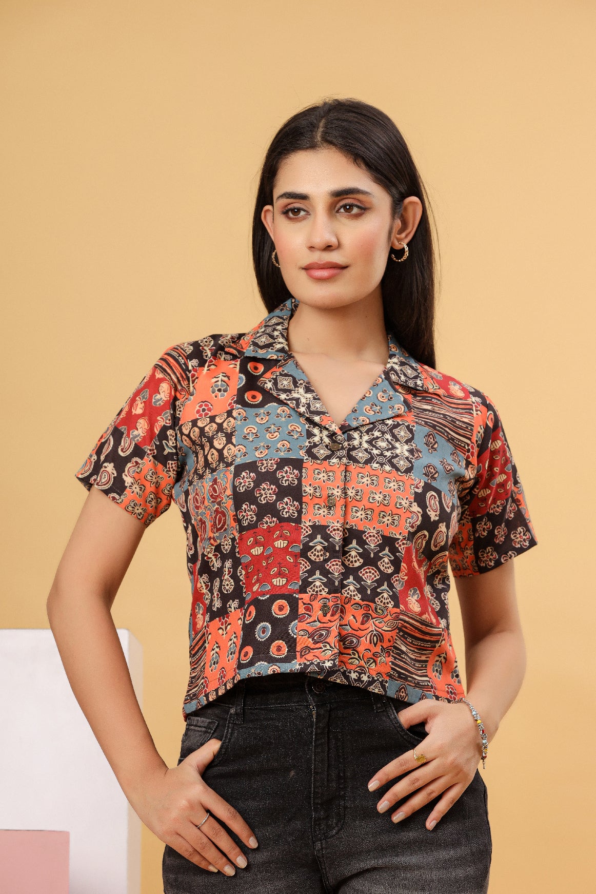 Women Printed Cotton Blend Casual Shirt with Collar Neck & Short Sleeves