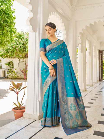 Swornof Womens Kanjivaram Banarasi Silk Saree Patola saree with blouse piece - Blue