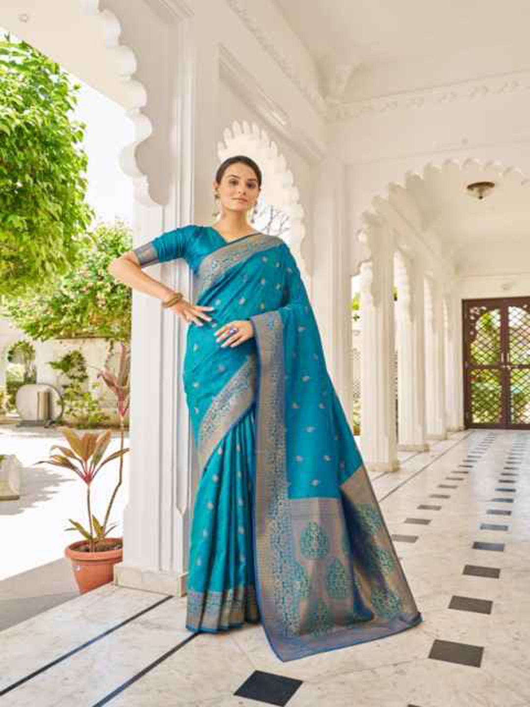 Swornof Womens Kanjivaram Banarasi Silk Saree Patola saree with blouse piece - Blue