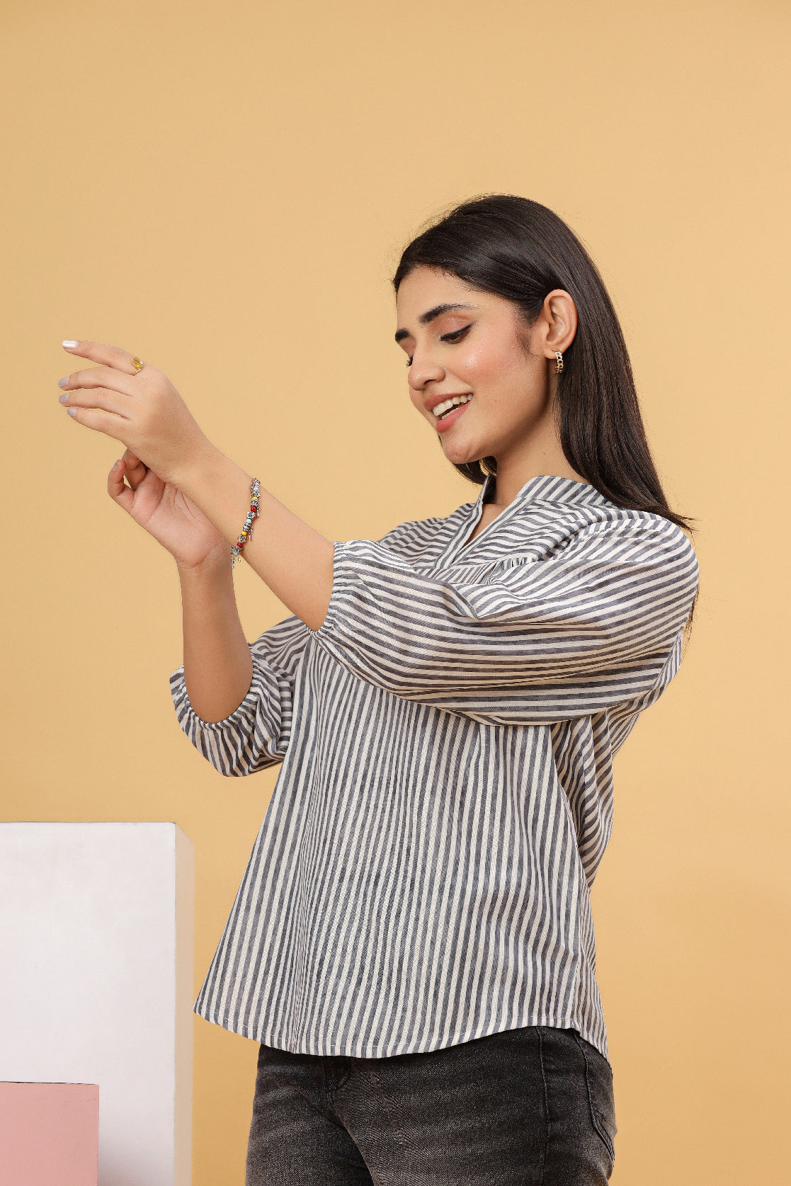 Women Printed Cotton Blend Top with Chinese Collar & 3/4 Sleeves