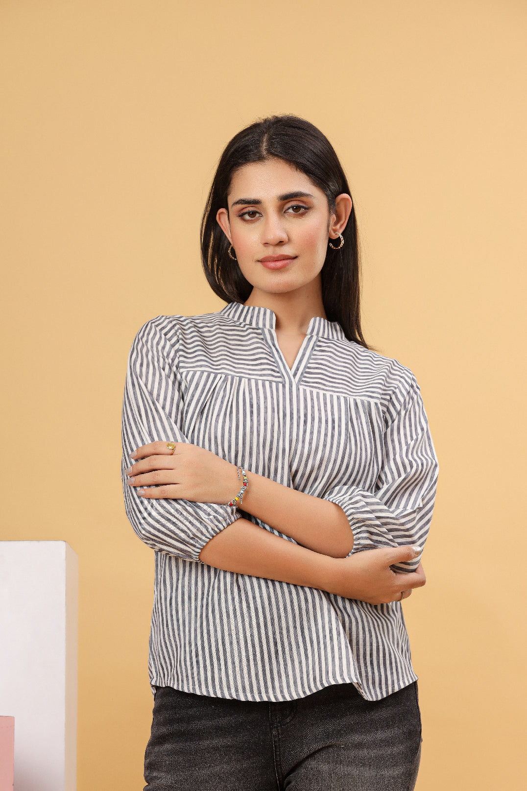 Women Printed Cotton Blend Top with Chinese Collar & 3/4 Sleeves