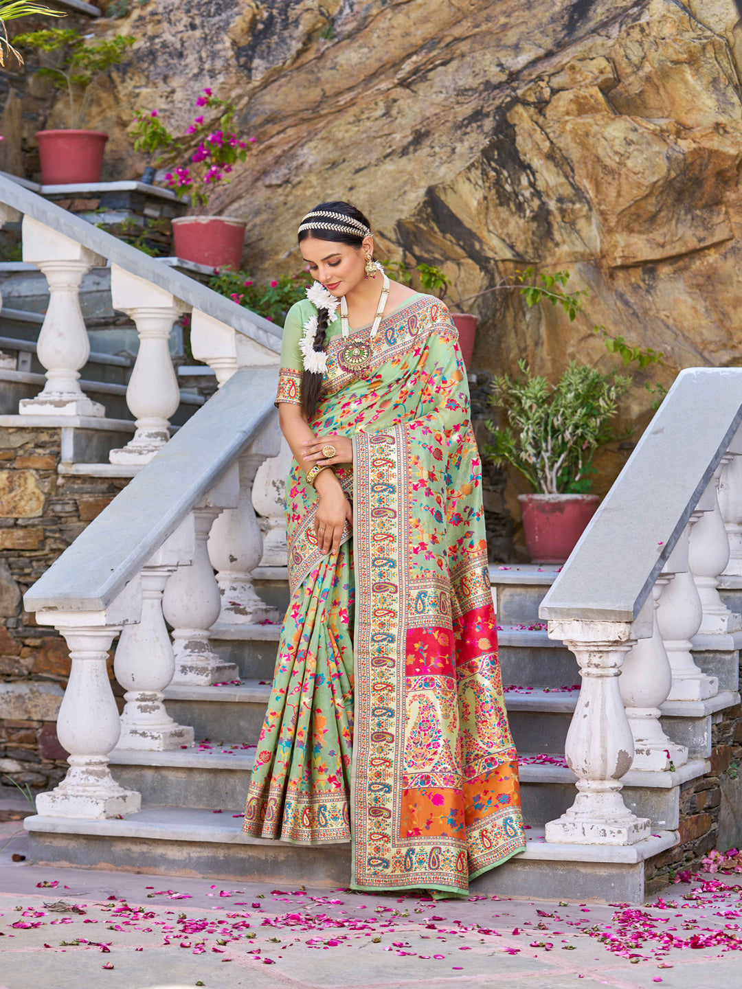 Swornof Womens Cotton Pashamina Saree - Pista