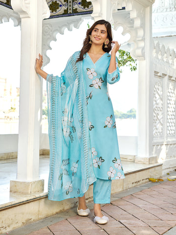 Sky Blue Cotton Blend Kurta Set Printed by Vibe Vision