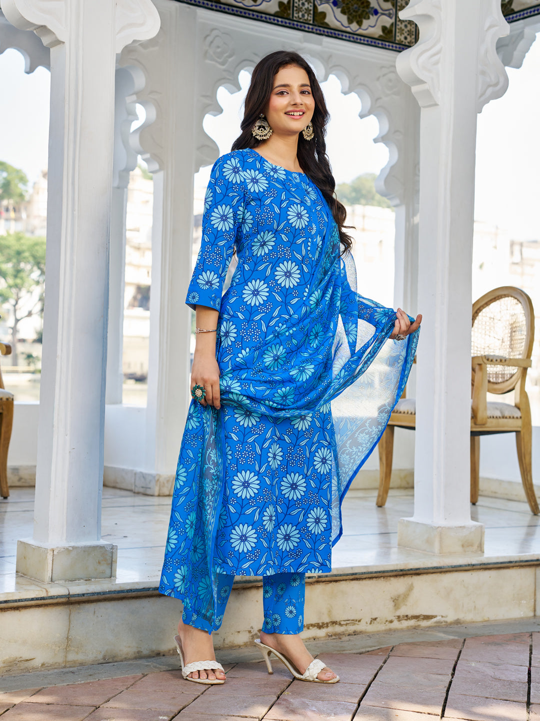 Blue Sky Blue Cotton Blend Kurta Set Printed by Vibe Vision