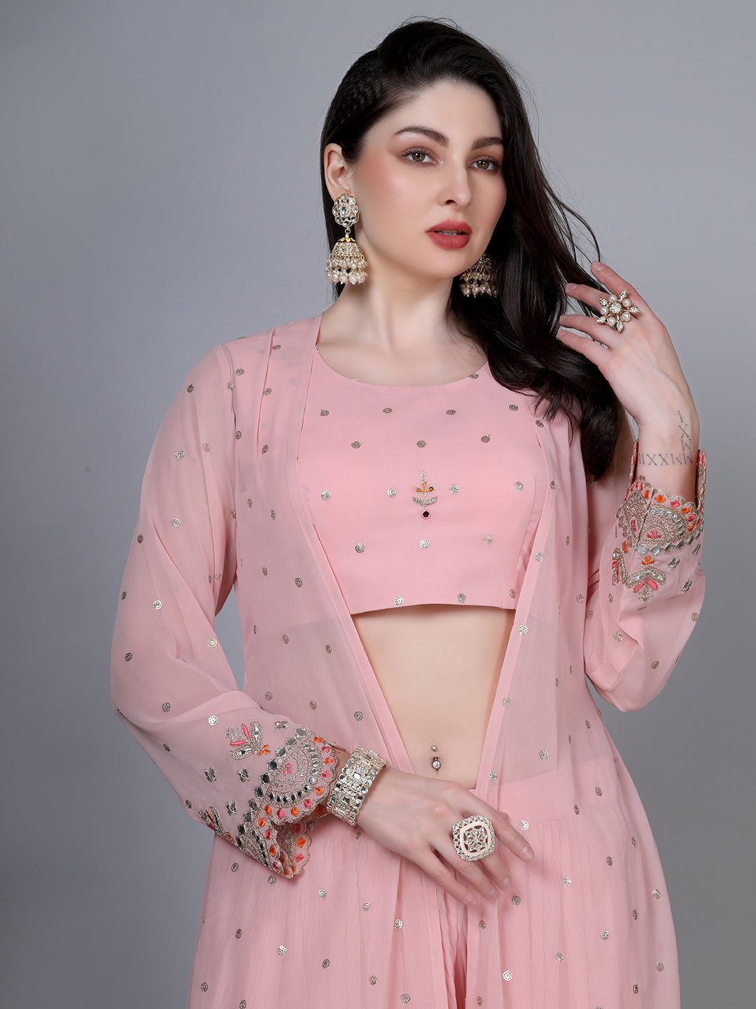 Pink Poly Georgette Embroidered Co-ord Set with Jacket - Laxis