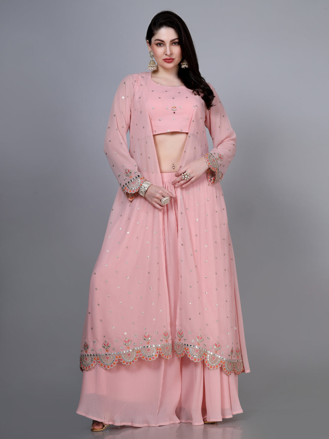 Pink Poly Georgette Embroidered Co-ord Set with Jacket - Laxis