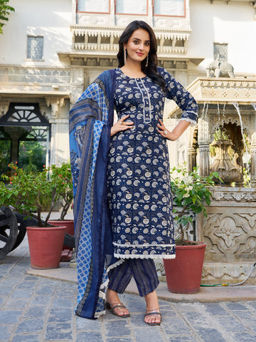 Navy Blue  Cotton Blend Kurta Set Printed by Vibe Vision