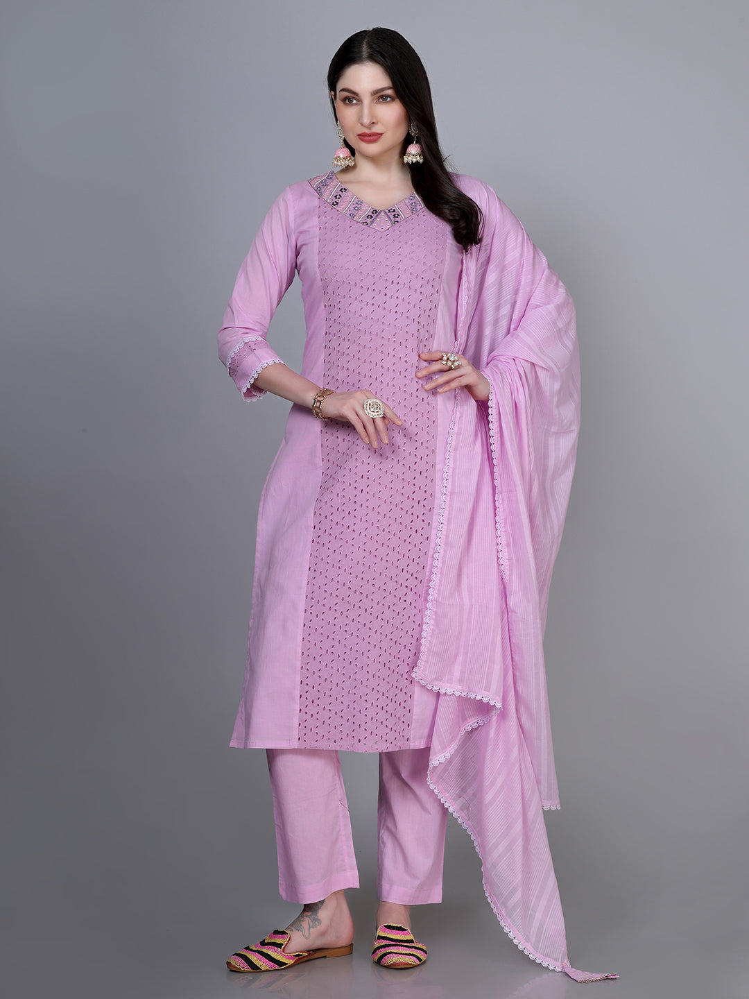 Lavender Cotton Kurta Set with Dupatta - Laxis