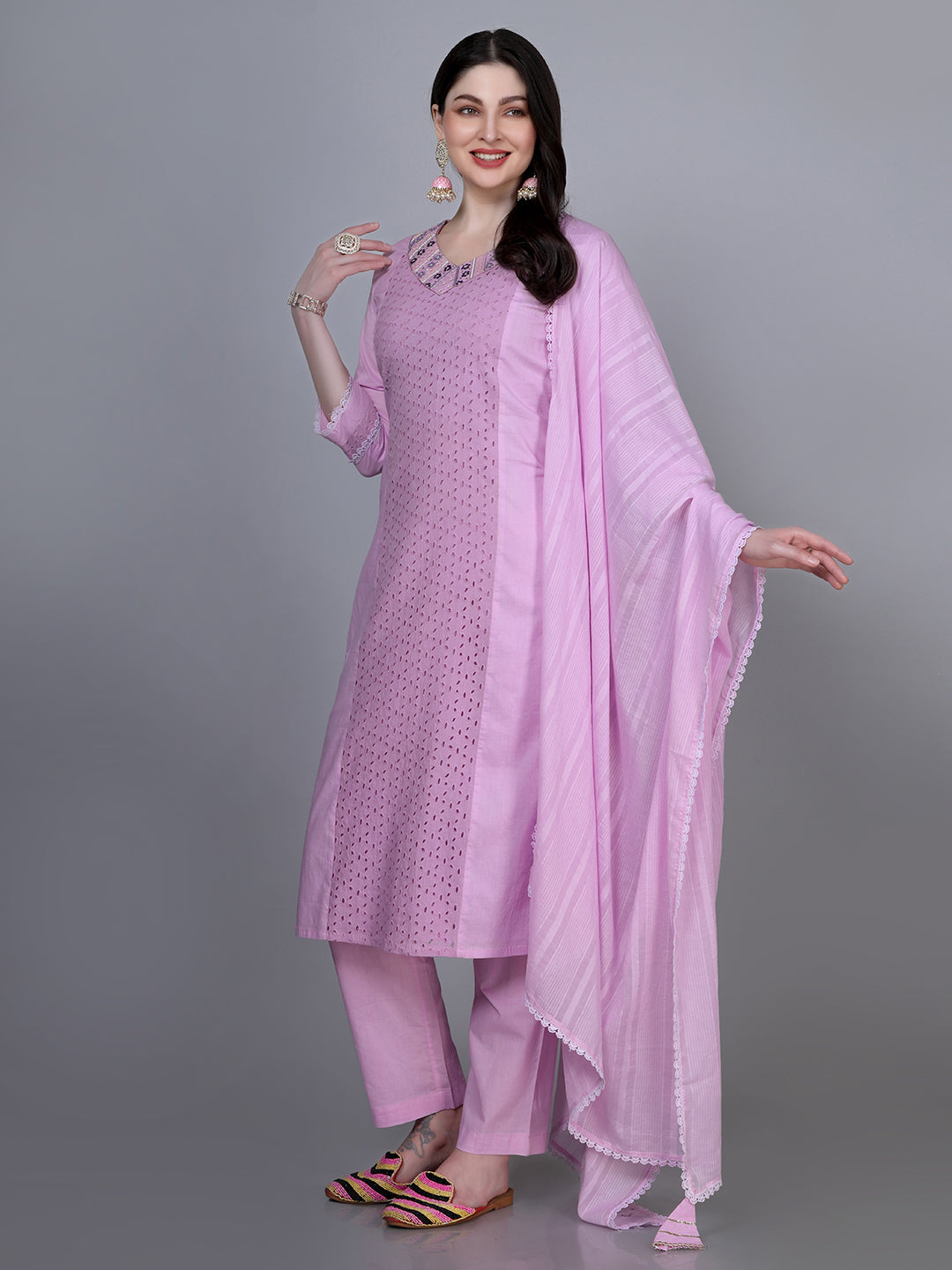 Lavender Cotton Kurta Set with Dupatta - Laxis