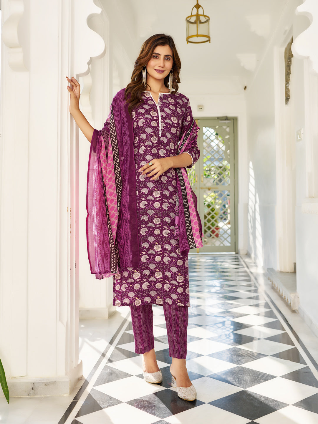 Wine  Cotton Blend Kurta Set Printed by Vibe Vision