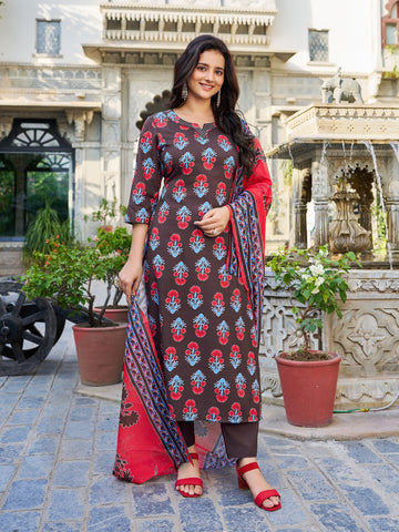 Brown  Cotton Blend Kurta Set Printed by Vibe Vision